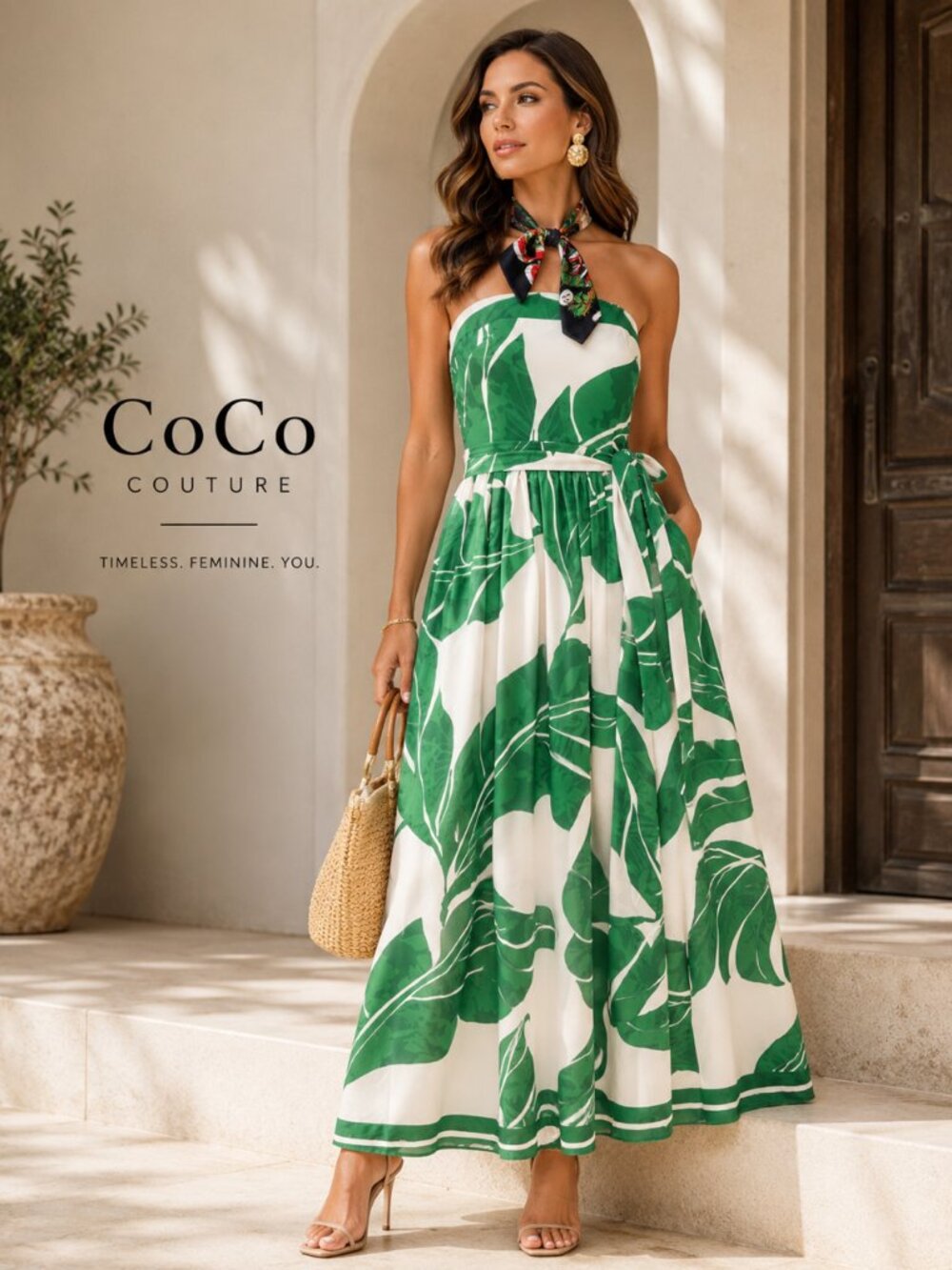 ID22476 Green And Cream Strapless Dress
